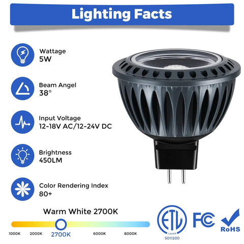 MR16 LED Light Bulbs 12 Pack Delivers A Straight Up Bright 2700K Warm White Glow With 450 Lumens and GU5.3 Bi Pin Base.