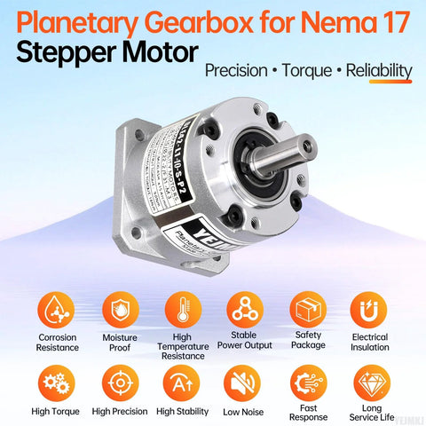 YEJMKJ planetary gearbox for Nema 17 stepper motor, front view showing output shaft