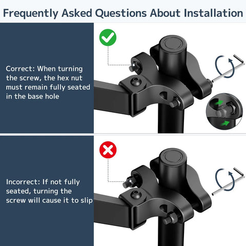 Rugged Pole Mount Monitor Arm Featuring Smooth Gas Spring Design For 17 To 32 Inch Displays installation guide showing correct and incorrect assembly steps.