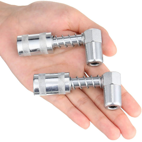 90 Degree Grease Coupler And Gun Adapter Two Pack With 3 Jaw Swivel Right Fittings For No Spill Greasing Quick Lock And Release Grease Gun Tips For Farm Auto Truck And Industrial Use