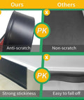 Comparison of self adhesive 4 inch vinyl wall base molding showing anti-scratch and strong stickiness vs. others.