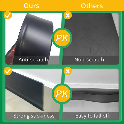 Comparison of self adhesive 4 inch vinyl wall base molding showing anti-scratch and strong stickiness vs. others.
