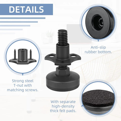 Beefy Three Eighths Inch Sixteen Thread Adjustable Leveling Feet Furniture Levelers showing anti-slip rubber base and T-nut details