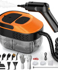 Heavy Duty Handheld Steam Cleaner Delivers 15 Second Rapid Heatup for stubborn grime, showcasing 1.6 liter water tank and accessories.