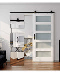 Five Panel Glass Barn Door With Sliding Hardware Kit And Handle Solid MDF Core And Eco Waterproof PVC Veneer White Finish