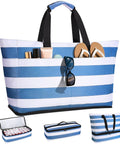 Striped Beach Bag With Detachable Cooler, 54L Large Capacity Waterproof And Sandproof Duffle Tote For Women with 9 pockets, Blue