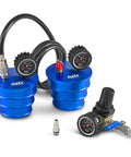 Orion Motor Tech CAC boost leak tester set with two blue aluminum end-cap units, gauges, hoses and regulator