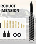 Carbon Fiber Bullet Antenna Topper With 9 Screws For Cars Trucks And SUVs, exterior accessory and dimensions shown