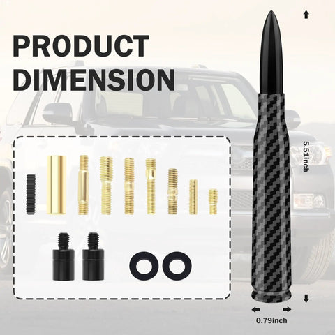Carbon Fiber Bullet Antenna Topper With 9 Screws For Cars Trucks And SUVs, exterior accessory and dimensions shown