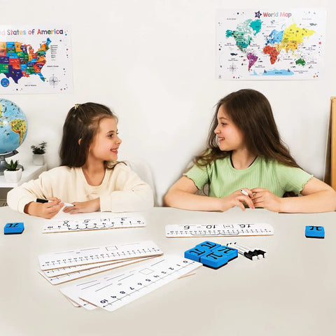 Two students using 12 Pack Double-Sided Dry Erase Number Line Whiteboards Set 4x12 Inches For Students Classroom Math Manipulatives