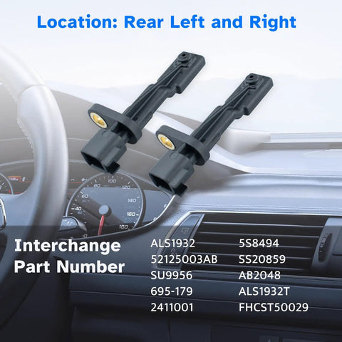 Premium Rear Abs Wheel Speed Sensors Knock Out Dash Warning Lights Smooth Street Handling Direct Fit For Jeep Wrangler Liberty Dodge Nitro 2007 Through 2017 Zero Hassle Install Two Pack rear left and right sensors with part numbers on dashboard.