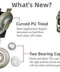 New and old versions of PU rollers showing curved tread and bearing caps, part of Heavy Duty Low Profile Desk Cabinet Corner Mover Dolly Set.