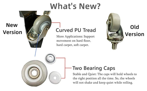 New and old versions of PU rollers showing curved tread and bearing caps, part of Heavy Duty Low Profile Desk Cabinet Corner Mover Dolly Set.