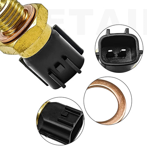 Coolant temperature sensor with brass threaded end and black plastic connector for Nissan/Infiniti vehicles.