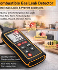 Smart Gas Leak Detector With 10 Inch Gooseneck Digital LCD Display And Backlight For Natural Gas Propane And Methane Detection In Kitchen Home And RV Includes Three Batteries For Quick Safety Checks on a kitchen counter with alert symbols