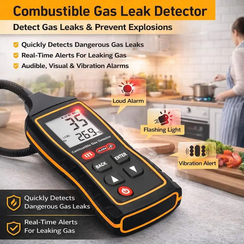 Smart Gas Leak Detector With 10 Inch Gooseneck Digital LCD Display And Backlight For Natural Gas Propane And Methane Detection In Kitchen Home And RV Includes Three Batteries For Quick Safety Checks on a kitchen counter with alert symbols