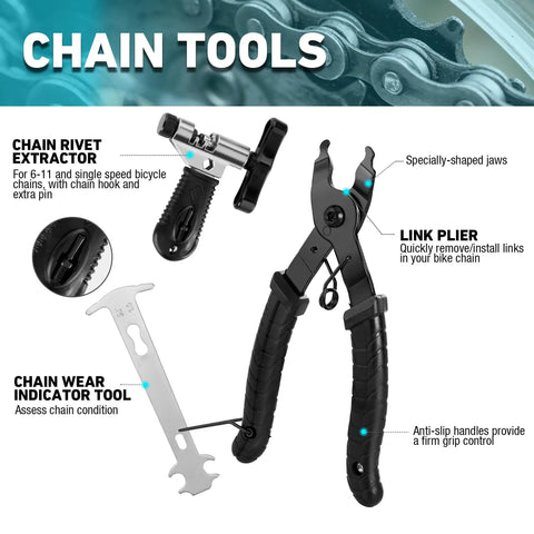 Chain tools from All In One Bike Repair Kit With Storage Box 41 Piece Tools Set, including pliers and rivet extractor.