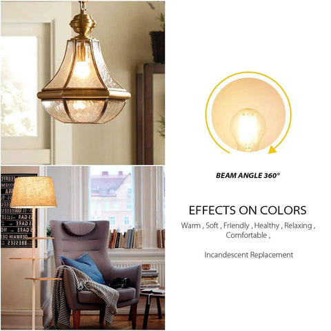 Vintage Filament LED Bulb With E26 Base Dimmable 7W To 60W Equiv in various lighting settings, highlighting 360-degree beam and warm colors.