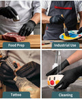 Image showing Top Shelf Black Nitrile Disposable Gloves 5 Mil Heavy Duty Textured Grip Powder Free Latex Free For Grunt Work Medical Care Kitchen Cleanup 100 Count X Large in food prep, industrial use, tattooing and cleaning.