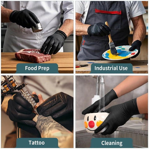 Image showing Top Shelf Black Nitrile Disposable Gloves 5 Mil Heavy Duty Textured Grip Powder Free Latex Free For Grunt Work Medical Care Kitchen Cleanup 100 Count X Large in food prep, industrial use, tattooing and cleaning.