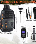 All In One Fishing Backpack With Rod Holder And Tackle Boxes 113 Piece Gear Kit Lightweight Water Resistant Shoulder Bag For Saltwater And Freshwater Includes Lure Kit And Tool Set Green with dimensions and tools shown