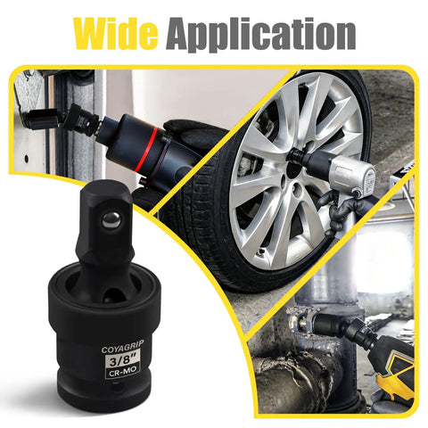 Heavy Duty Universal Joint Swivel Socket Set Three-Piece 1/2, 3/8, and 1/4 Inch Drive Flexible U-Joint Adapters in use
