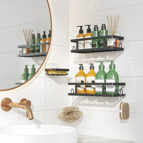 Adhesive Shower Caddy 3 Pack With Two Shelves, Soap Holder And 12 Hooks For Tidy Bathrooms, No Drilling Rustproof Organizer In Black