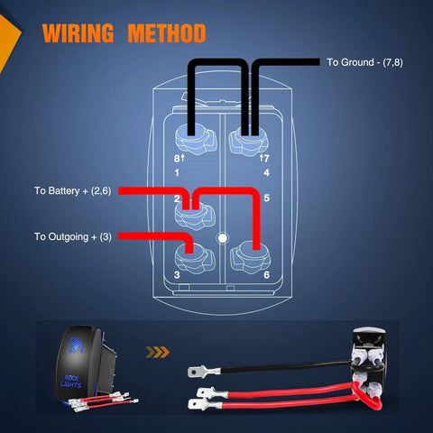 Wiring diagram for Rock Lights With Five Pin On Off Rocker Switch LED Light Bar For Jeep Boat Truck, showing connections to battery and ground.