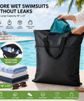 Two Pack Go-To Travel Laundry Bag with Large 18 by 23 Inch Wet Bag beside pool, storing towels and swimsuits, in use.