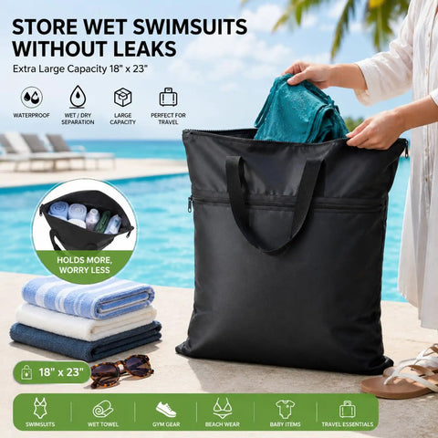 Two Pack Go-To Travel Laundry Bag with Large 18 by 23 Inch Wet Bag beside pool, storing towels and swimsuits, in use.