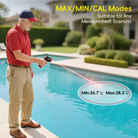 Man using Infrared Temperature Gun For Cookin And Grillin With Adjustable Emissivity, Fast 0.5 Second Readings by pool