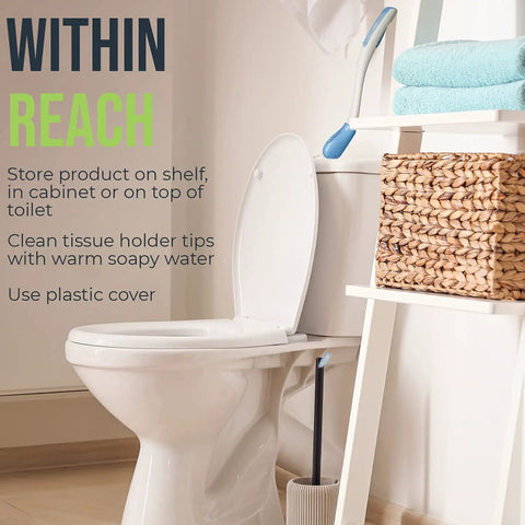 Toilet Aid Wand 18 Inch Personal Bottom Wiping Tool for Easy Self Care and Hygiene shown by toilet with cover.