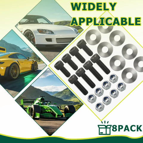 Bottom Mount Seat Hardware Kit For Racing Seats Sliders And Brackets, Complete Mounting Combo With Eight Bolts Eight Washers Eight Nuts, Easy Install For Most Low Profile Racing Seats alongside sports cars and a formula car.