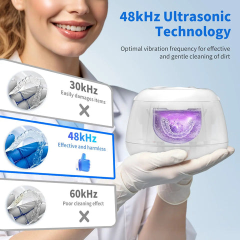 Person holding Ultrasonic Retainer Cleaner Pod With 48kHz Deep Cleaning Pro Grade, highlighting effective 48kHz technology.