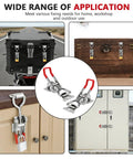 Two Pack 4001 Toggle Latch Clamp With Lock Hole In 304 Stainless Steel Adjustable Draw Latch Holds 330 Lbs Heavy Duty And Includes Ten Screws For Tool Box Trunk Cupboard Door Garage DIY Projects, shown in various applications including trunks and cabinets.