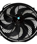 Heavy Duty 16 Inch Radiator Electric Cooling Fan Featuring Slick Reversible Push Pull Setup For Cars And Trucks To Deliver Killer 3000 CFM Airflow Alongside Easy Plug And Play Thermostat And Solid Bracket Kit view from the front displaying blades and motor.