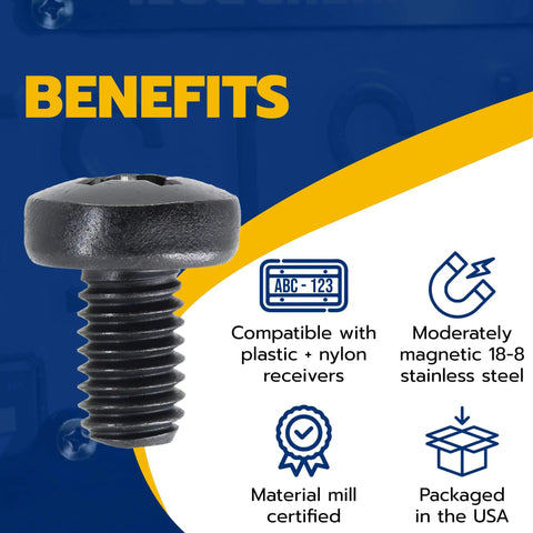 Image of a black stainless steel screw with benefits listed: compatible with plastic and nylon receivers, 18-8 stainless steel, material certified.