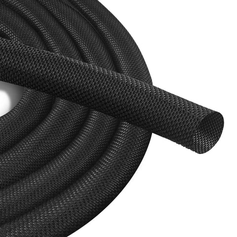 Pet Proof Cord Protector With Split Design For No Chew Cords, 10 Feet Long And Half Inch Wide, Black, Ultra Durable Bite Resistant PET Material, Easy To Install And Cut To Length For Any Indoor Setup in black woven close-up