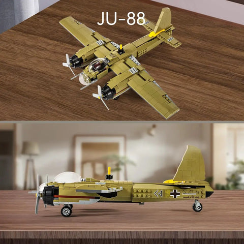 JU88 Junkers Bomber Plane Building Set With 430 Plus Pieces Epic WWII German Fighter Model displayed on wooden table