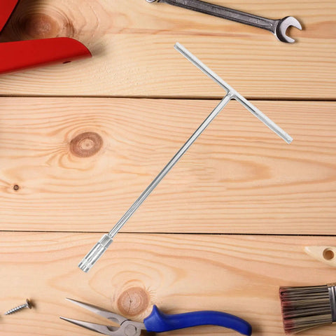 Heavy Duty T Shaped Socket Wrench 10Mm Hex Bit Driver on wooden surface among tools for garage use.