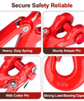 Close-up of G80 Clevis Slip Hook With Safety Latch, highlighting heavy-duty spring, sturdy keeper pin, and strong load-bearing capacity.