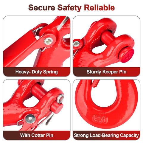Close-up of G80 Clevis Slip Hook With Safety Latch, highlighting heavy-duty spring, sturdy keeper pin, and strong load-bearing capacity.
