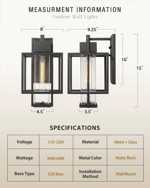 Diagram of Outdoor Wall Sconce 2-Pack Farmhouse Exterior Lanterns in Black Finish With Bubble Glass Shades, showing dimensions and specs.