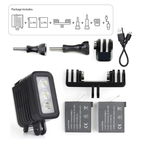 Rechargeable Underwater Video Light 450 Lumens For GoPro And Osmo Action Waterproof To 164 Feet, accessories included