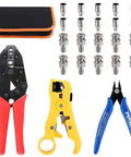 Pro Grade Coaxial BNC Crimping Tool Kit With RG59 Coax Connector And Round And Flat UTP Wire Stripper And Cable Cutter displayed