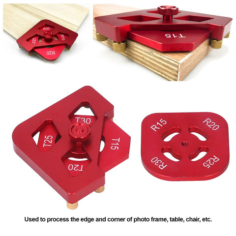 Heavy Duty Aluminum Router Template And Top Shelf Woodworking Chamfer Jig Kit showing precision jigs for edge rounding and smoothing.