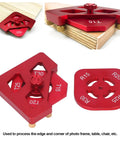 Heavy Duty Aluminum Router Template Kit Featuring Round Corner Radius Guide and Precision Woodworking Jig for Smoother Edges and Snag That Pro Finish on Tables Chairs and Custom Craft Projects - red corner jigs view