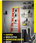 Garage wall storage system with hooks and baskets holding tools, ladder, and organizers on metal slat wall.
