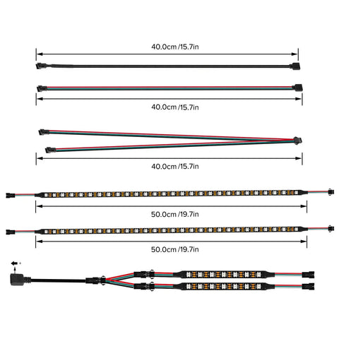 Dimensions and connectors of the Individually Addressable 4 Pack 19 Inch WS2812B LED Strip For 5V 3 Pin Headers Plug And Play Compatible.