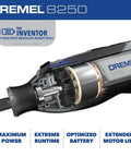 DREMEL 8250-5 cordless rotary tool with brushless motor; cutaway view showing internal components and battery.